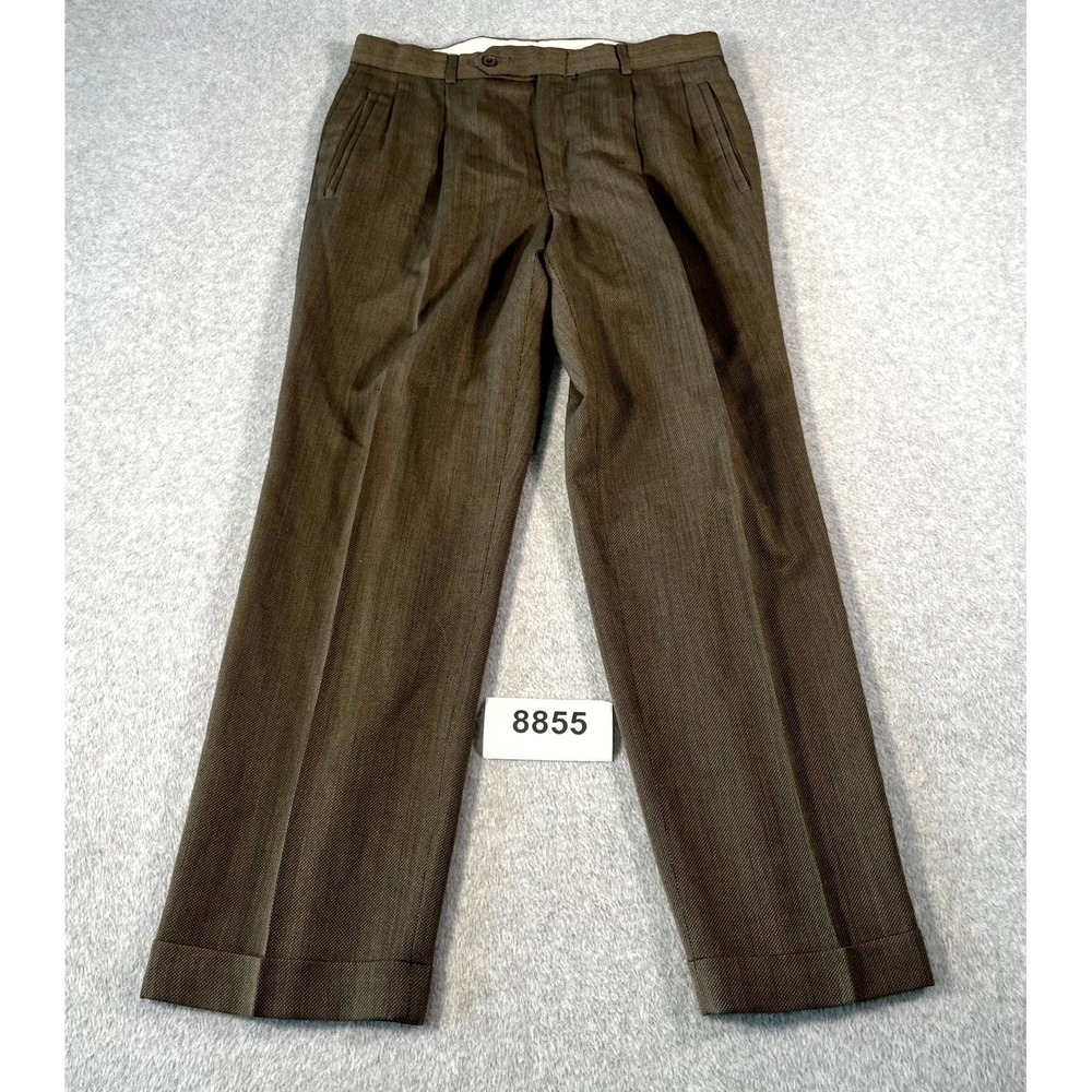 Mens Dress Pants 32 Brown Textured Pleated Front Straight Leg Formal Business